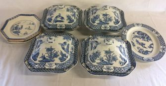 4 Woods & sons blue & white lidded tureens a stand & 4 plates