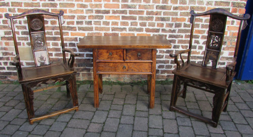 Pair of large Chinese wooden arm chairs & a cabinet