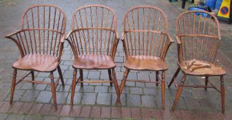 4 19th century stick back ash seated Windsor chairs (one broken)