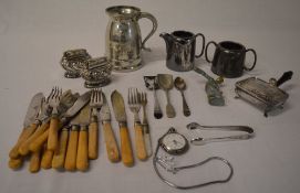 Various silver plate including cutlery, sugar tongs, pocket watch,