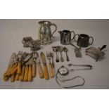 Various silver plate including cutlery, sugar tongs, pocket watch,