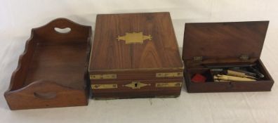 Small wooden box with brass inlay, miniature butlers tray & a box containing bone needle cases,