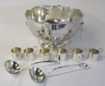 Large silver plate punch bowl with 6 cups and 2 ladles