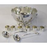 Large silver plate punch bowl with 6 cups and 2 ladles