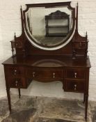 Edwardian bow fronted dressing table with shield shape mirror & brass drop handles