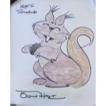 Original crayon and felt tip poster drawing of a squirrel by Tony Hart (TV presenter) inscribed
