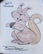 Original crayon and felt tip poster drawing of a squirrel by Tony Hart (TV presenter) inscribed
