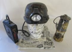 Collection of Coal mining accessories inc vintage miners hat, lamp,