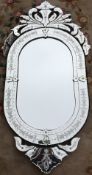 Venetian etched glass wall mirror with pierced foliate crest ht approx.