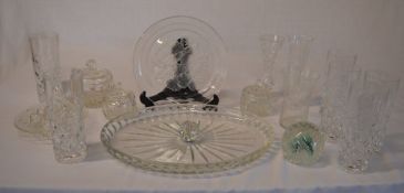 Various glassware including an etched/frosted glass plate, paper weight,