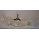 Various glassware including an etched/frosted glass plate, paper weight,