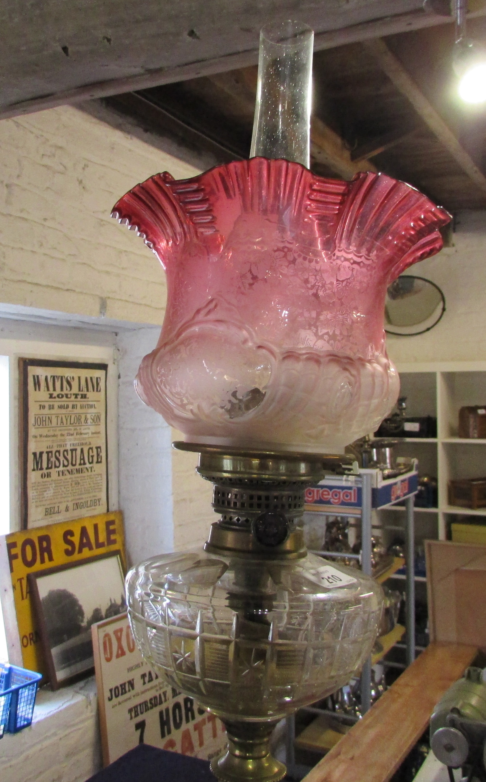 Victorian paraffin lamp on a brass column with a cranberry glass shade - Image 5 of 8