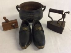 Collection of miniature items comprising a Falkirk cauldron, flat iron,