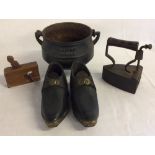 Collection of miniature items comprising a Falkirk cauldron, flat iron,