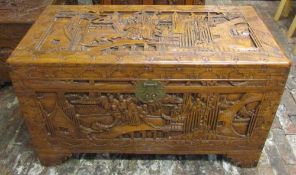 Large carved Oriental camphor wood chest L 100 H 59 cm