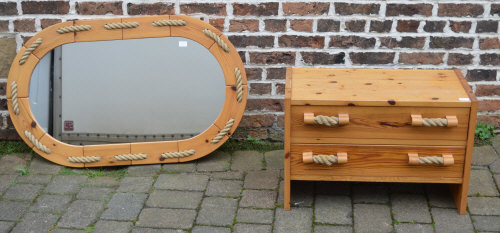 Chest of drawers with rope handles and matching wall mirror