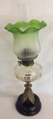 James Hinks & Son Victorian paraffin lamp with green glass shade