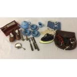 Various early 20th century doll accessories including an enamel tea set, iron, cutlery,