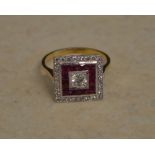 18ct gold ruby and diamond Art Deco ring size N