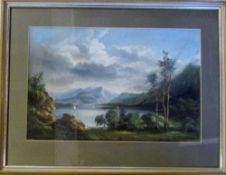 Framed pastel drawing of a loch scene 70 cm x 55 cm