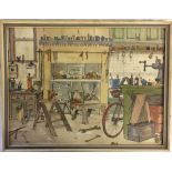Framed pen & ink with colour wash of a workshop signed Haigh with inscription to verso 'The Old
