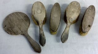 Set of 4 silver back dressing table brushes & mirror Birmingham 1917 & 1918