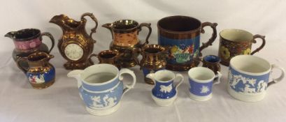 Collection of 19th century copper lustre jugs & tankards & 4 pieces of blue & white pottery with