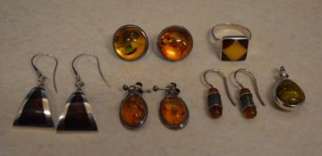 Various silver and white metal amber earrings and similar ring