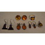 Various silver and white metal amber earrings and similar ring