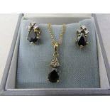 9ct gold chain (length 24 cm) with diamond and sapphire pendant & matching 9ct gold diamond and
