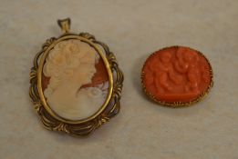 Tested as 9ct gold cameo brooch/pendant and a small coral brooch depicting 2 figures