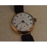 9ct gold body Elgin wristwatch on a leather strap,