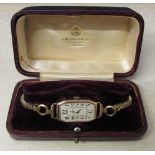 Art Deco J W Benson 9ct ladies wristwatch with a rolled gold strap Birmingham 1934 in original box