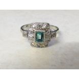 18ct white gold diamond and emerald ring in an Art Deco design total weight 2.