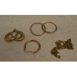2 pairs of 9ct gold earrings, a loose 9ct gold earring and a yellow metal chain,