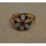 9ct gold opal and garnet cluster ring (one opal stone cracked), total approx weight 3.