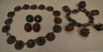 Foreign silver necklace, bracelet and two pairs of earrings,