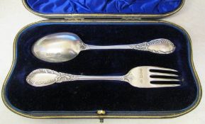 Edwardian silver cased christening spoon and fork London 1901 weight 2.