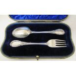 Edwardian silver cased christening spoon and fork London 1901 weight 2.