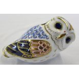 Royal Crown Derby paperweight of an owl with fixed white ceramic stopper L 13 cm