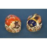 Royal Crown Derby Imari red and blue ladybird paperweights with gold stoppers