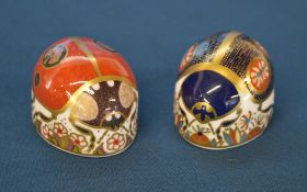 Royal Crown Derby Imari red and blue ladybird paperweights with gold stoppers