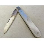 Silver pocket fruit knife with mother of pearl handle Sheffield hallmark