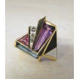 14ct gold abstract ring consisting of Mother of pearl, onyx, amethyst, topaz,