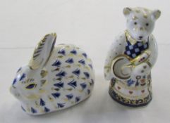 Royal Crown Derby paperweight of a rabbit with gold stopper and a bear cooking no stopper H 9 cm