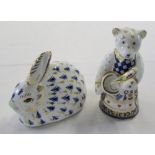 Royal Crown Derby paperweight of a rabbit with gold stopper and a bear cooking no stopper H 9 cm