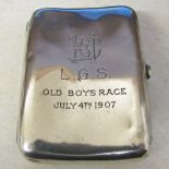 Silver cigarette case Birmingham 1905 'L.G.S. Old Boys Race July 4th 1907' weight 2.