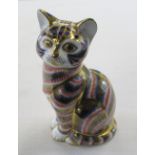 Royal Crown Derby paperweight of a cat with fixed white ceramic stopper H 13 cm