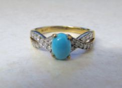 9ct gold turquoise and diamond ring approx 3 g size O