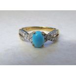 9ct gold turquoise and diamond ring approx 3 g size O